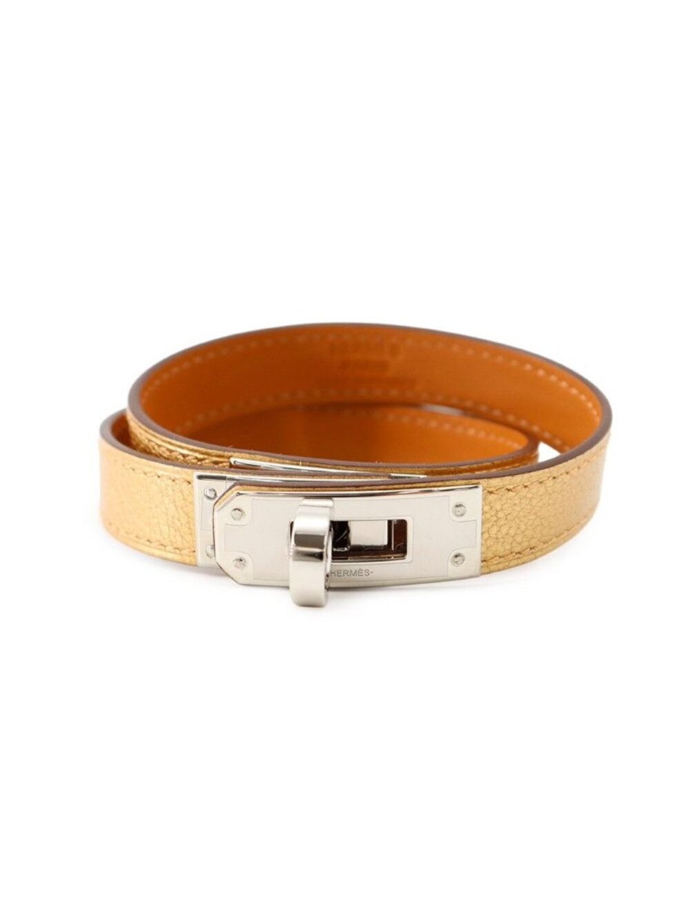 Hermes Bracelet Kelly Double Tour Dore Silver Chevre Chamkila T3
